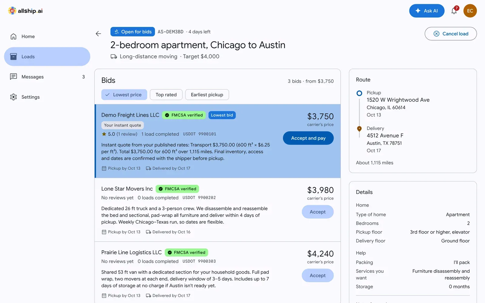 Shipper's load page with three carrier bids