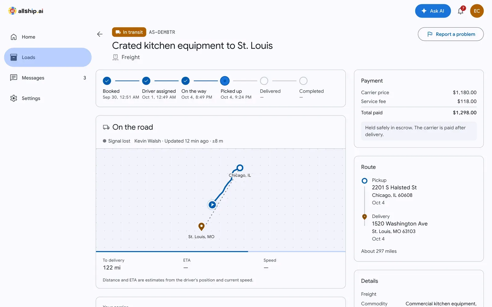 Load in transit with stepper, map and payment