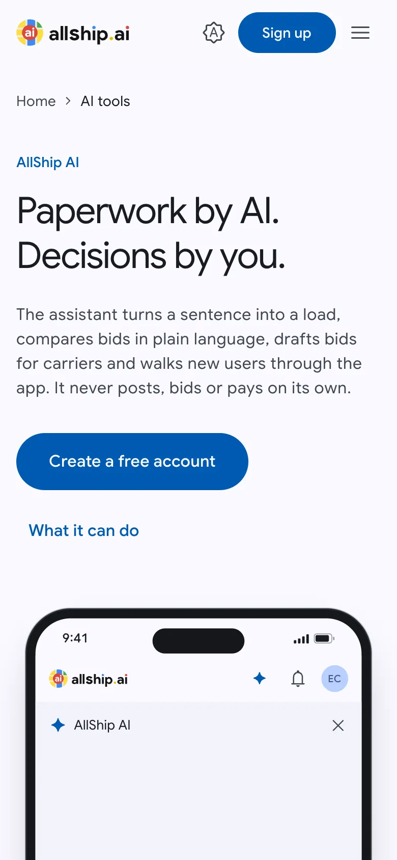 AI tools page on a phone