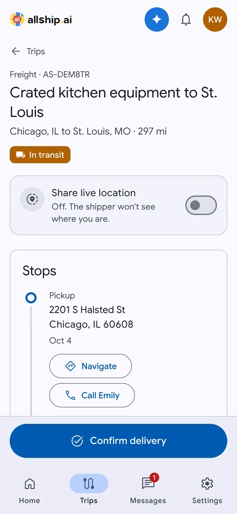 Driver trip screen on a phone