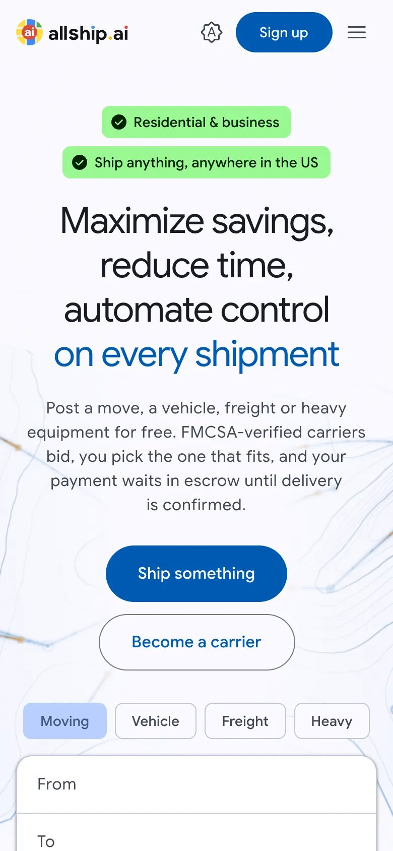 AllShip AI home page on a phone