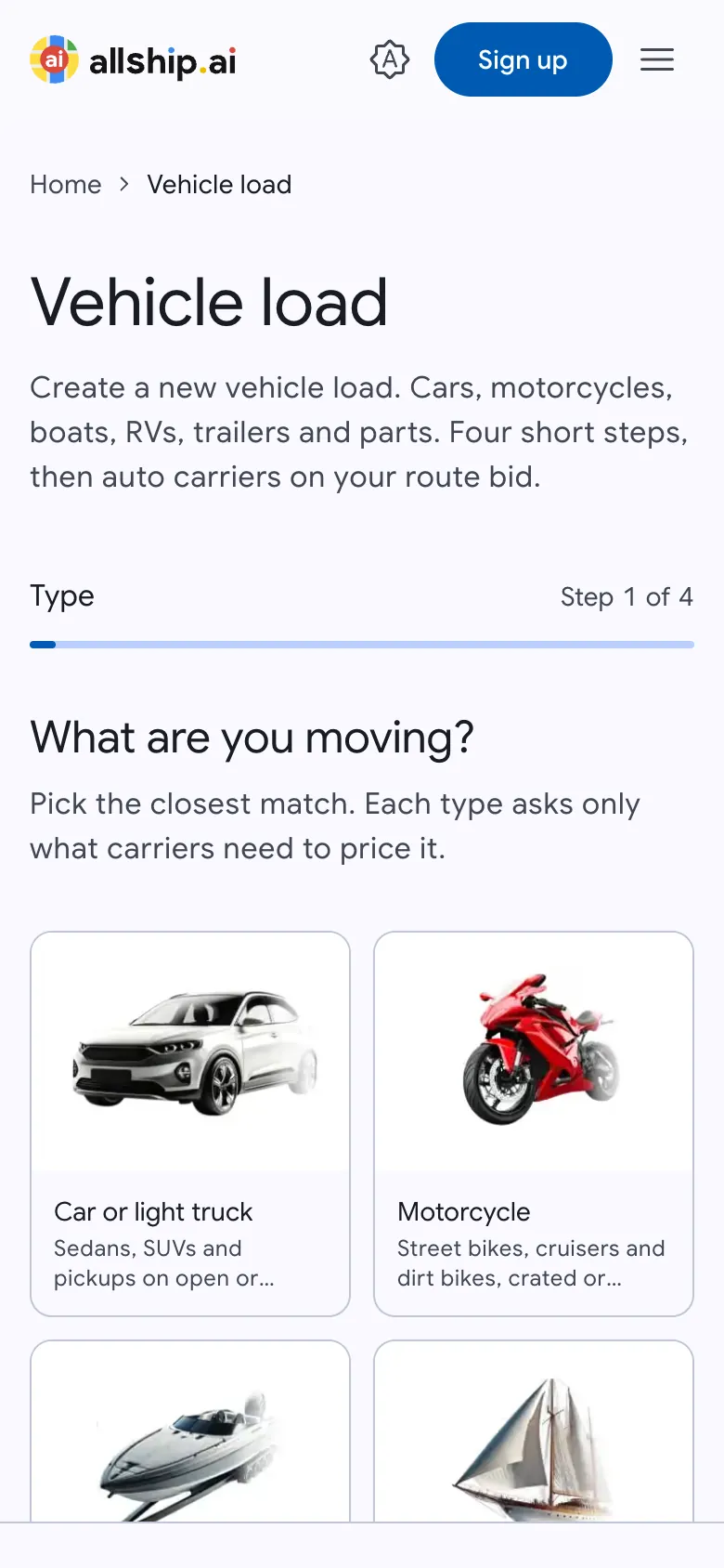 Vehicle load wizard on a phone