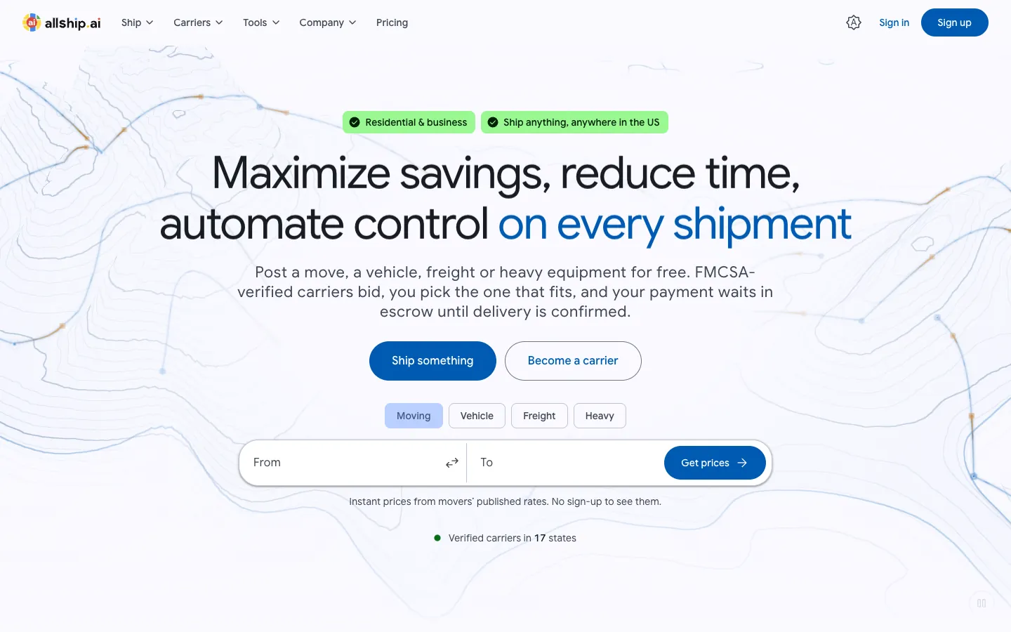 AllShip AI home page with the quick quote starter