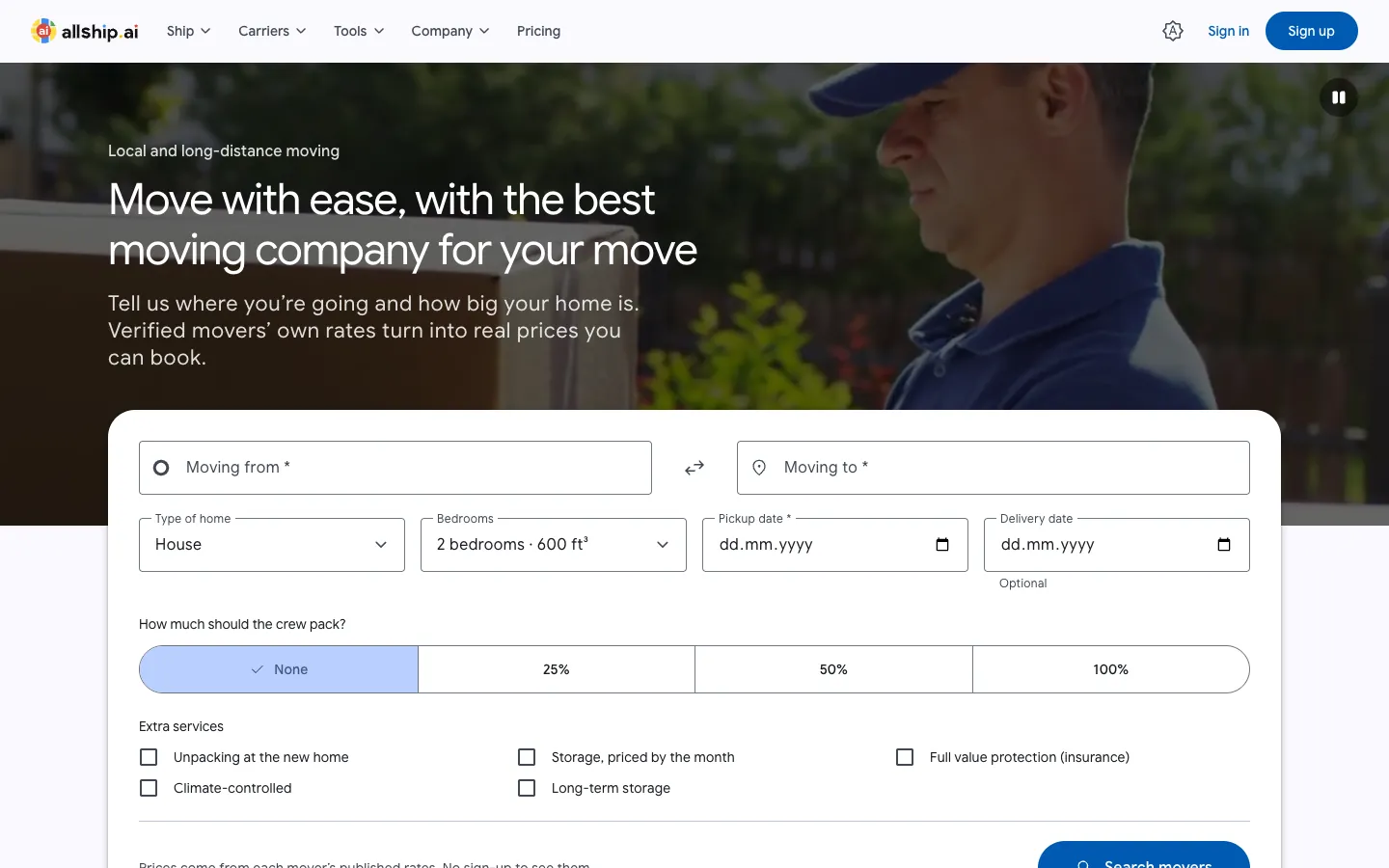Moving quote form that prices movers from their published rates