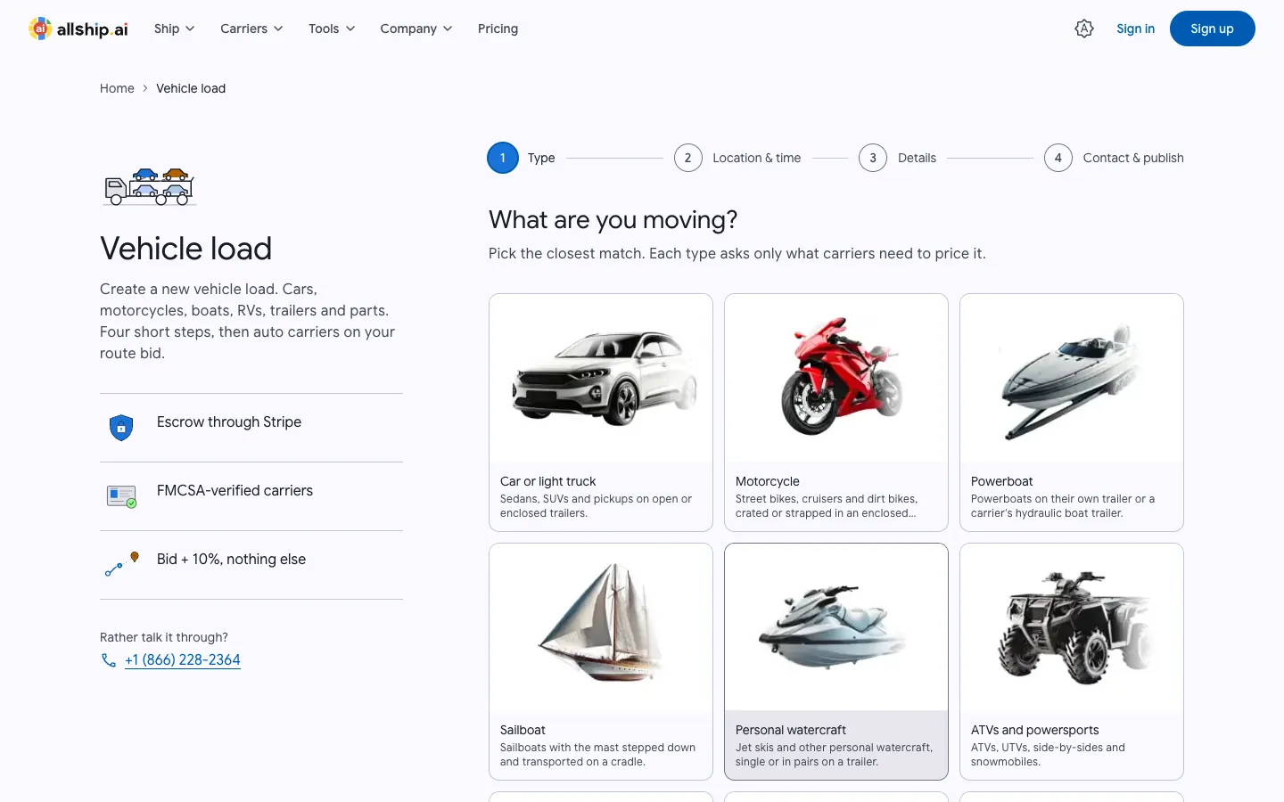 Vehicle load wizard with illustrated categories