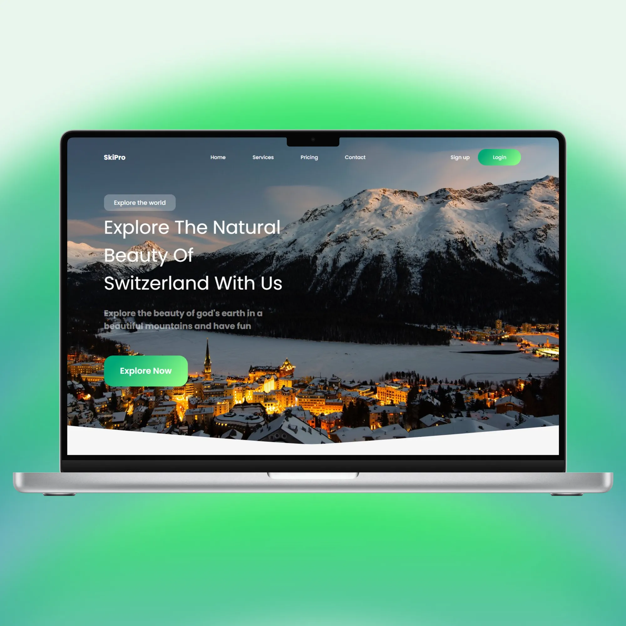 SkiPro landing page on a laptop